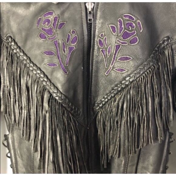 Vintage Black Leather Fringe Motorcycle Jacket with Embroidery Large - Picture 11 of 12